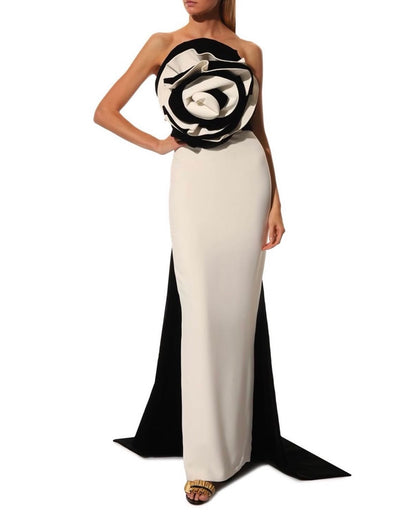 Black &amp; White Gown with Oversized Rose
