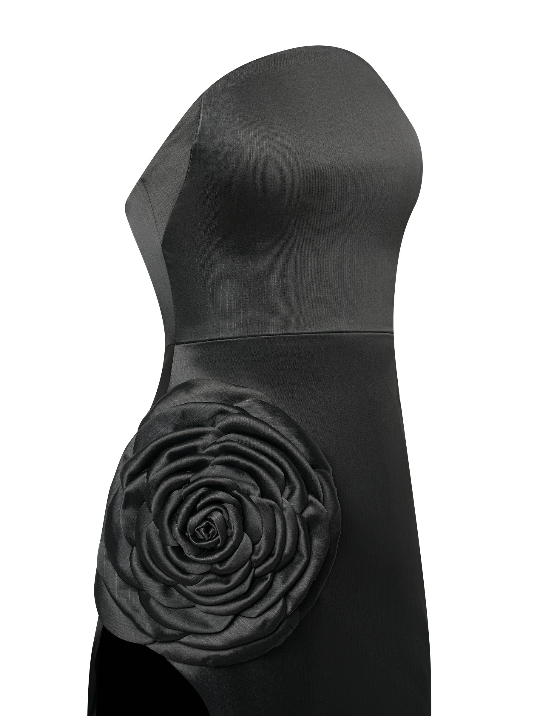Black Strapless Gown with Rose Detail