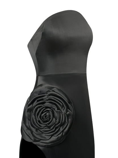Black Strapless Gown with Rose Detail