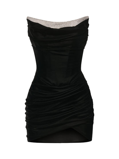 Black Mini Dress with Crystal-Trimmed Neckline