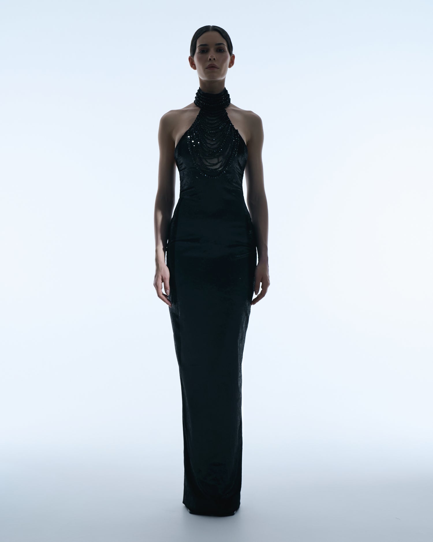 Black gown with cascading crystal neckline