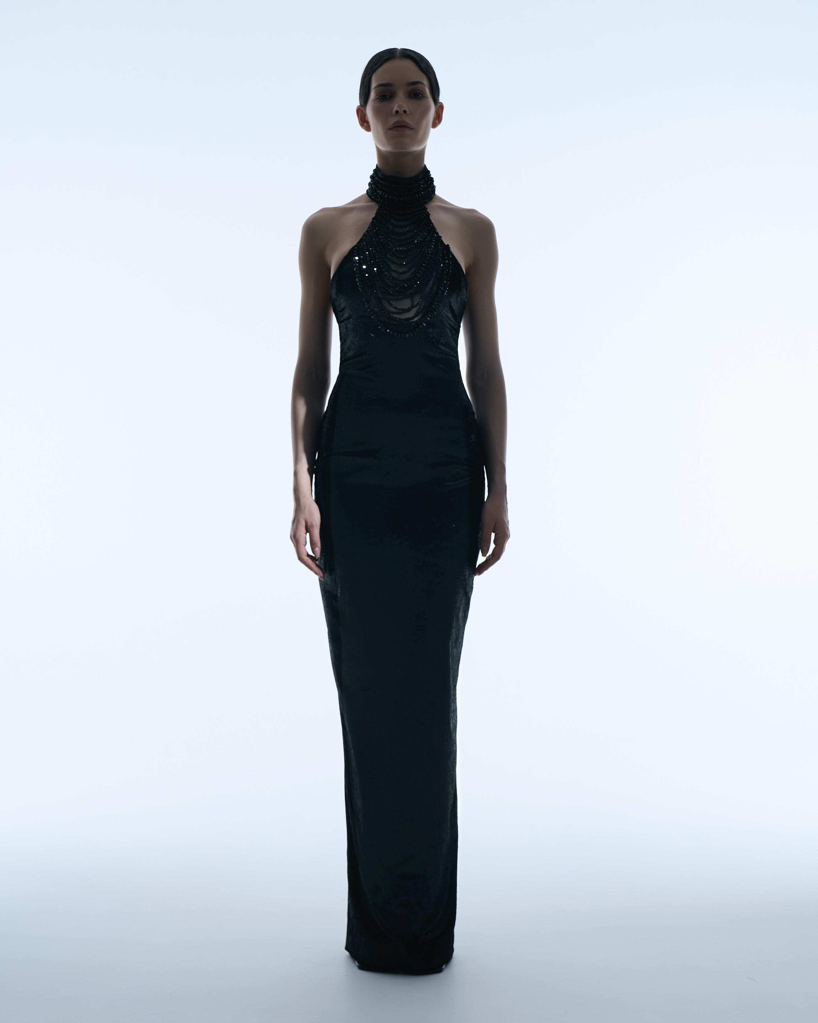 Black gown with cascading crystal neckline