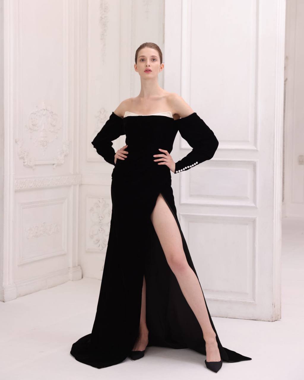 Gown with Sculpted Collar and Sleeves