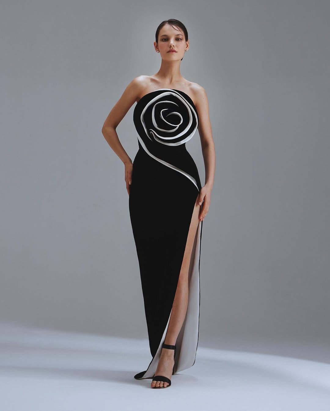 Monochrome Gown with Rose Detail