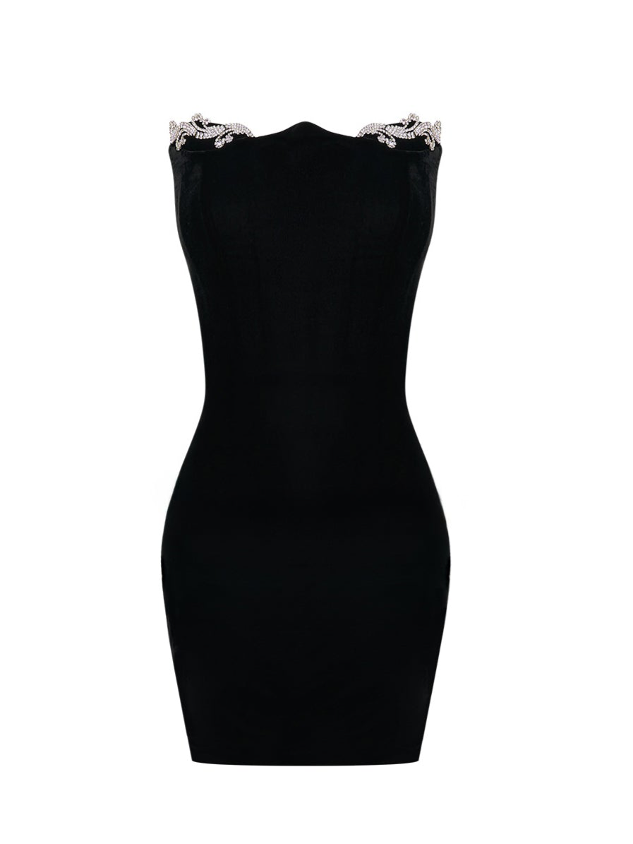 Black Mini Dress with Metal &amp; Crystal Detail