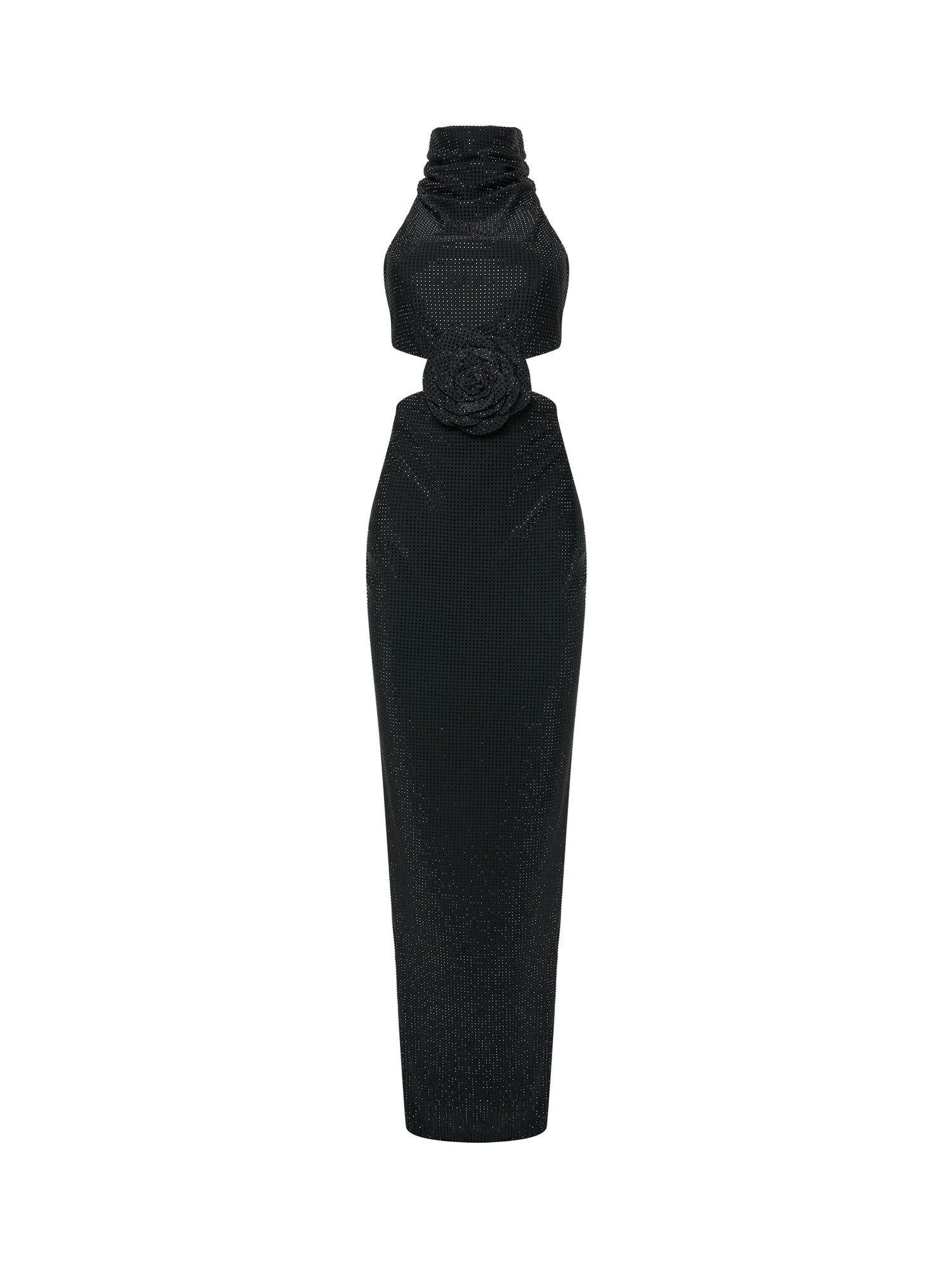 Black halter gown with floral waist detail