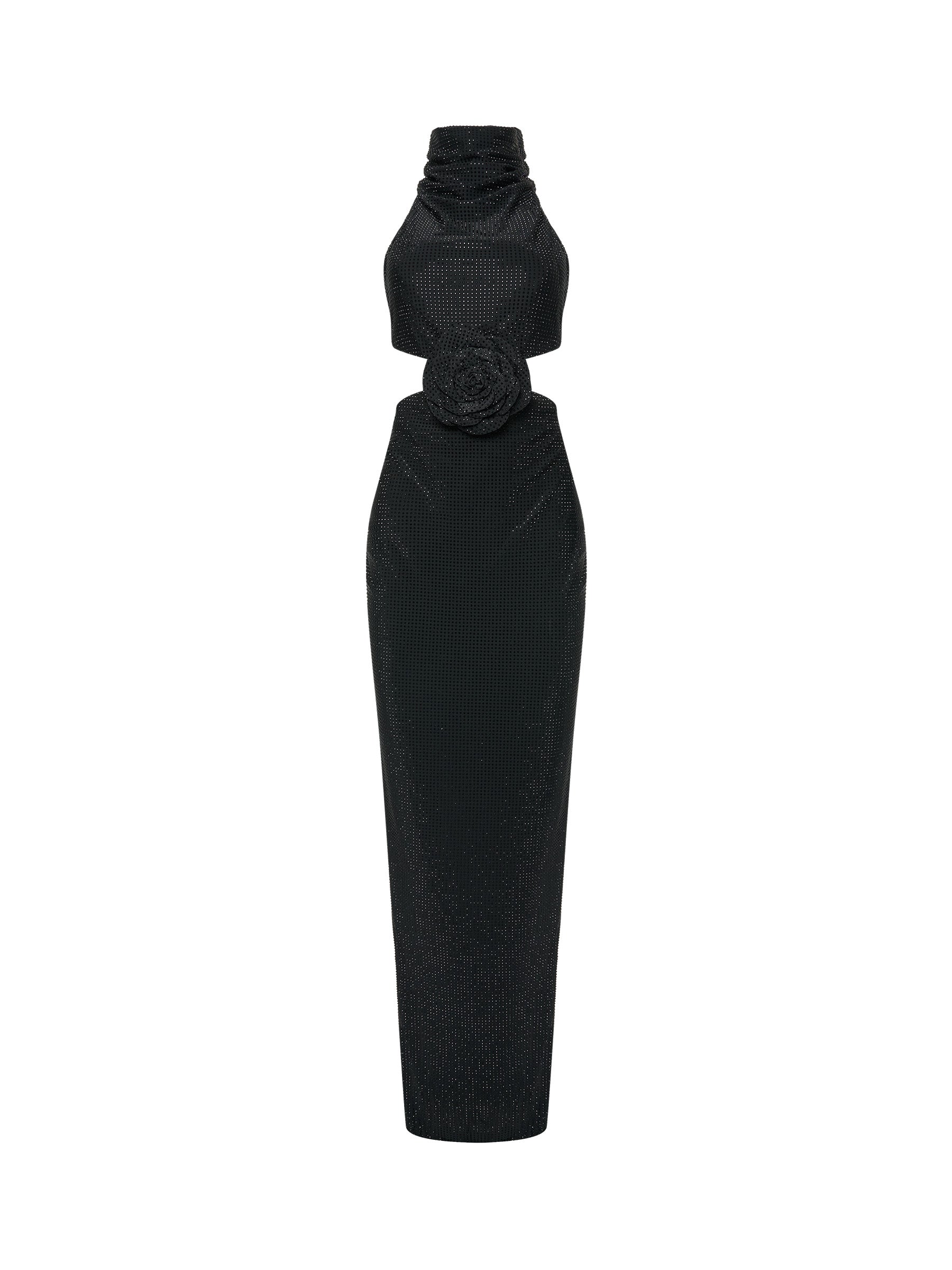 Black halter gown with floral waist detail