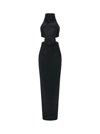 Black halter gown with floral waist detail