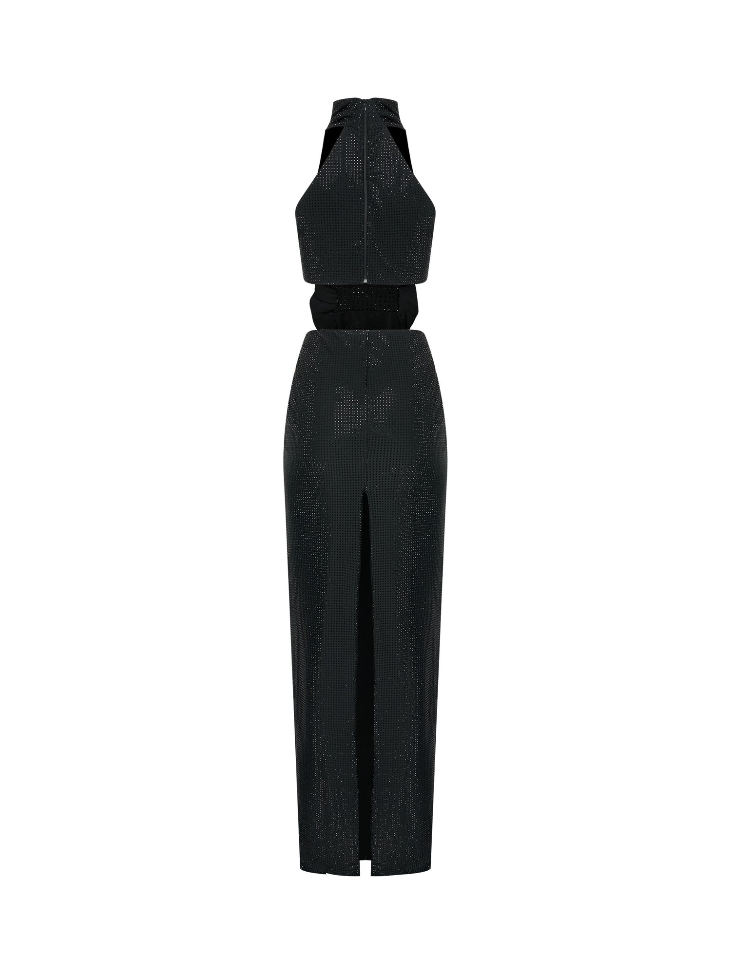Black halter gown with floral waist detail