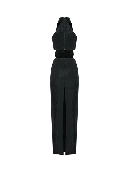 Black halter gown with floral waist detail