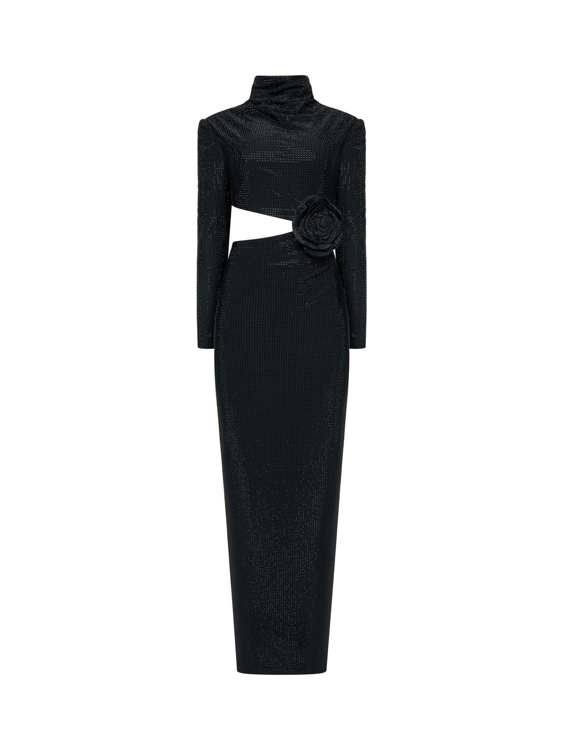 Black long-sleeve gown with floral waist detail