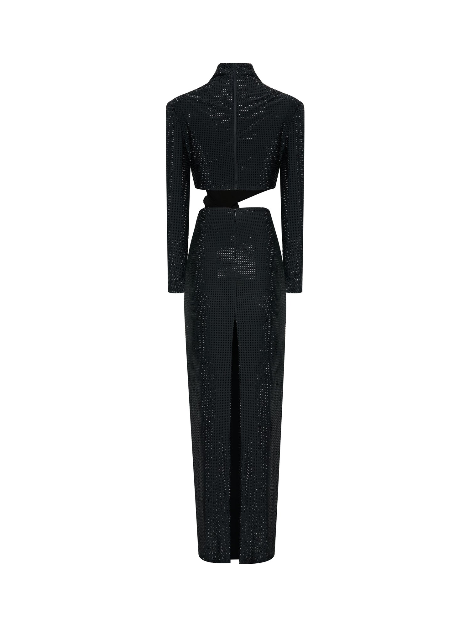 Black long-sleeve gown with floral waist detail