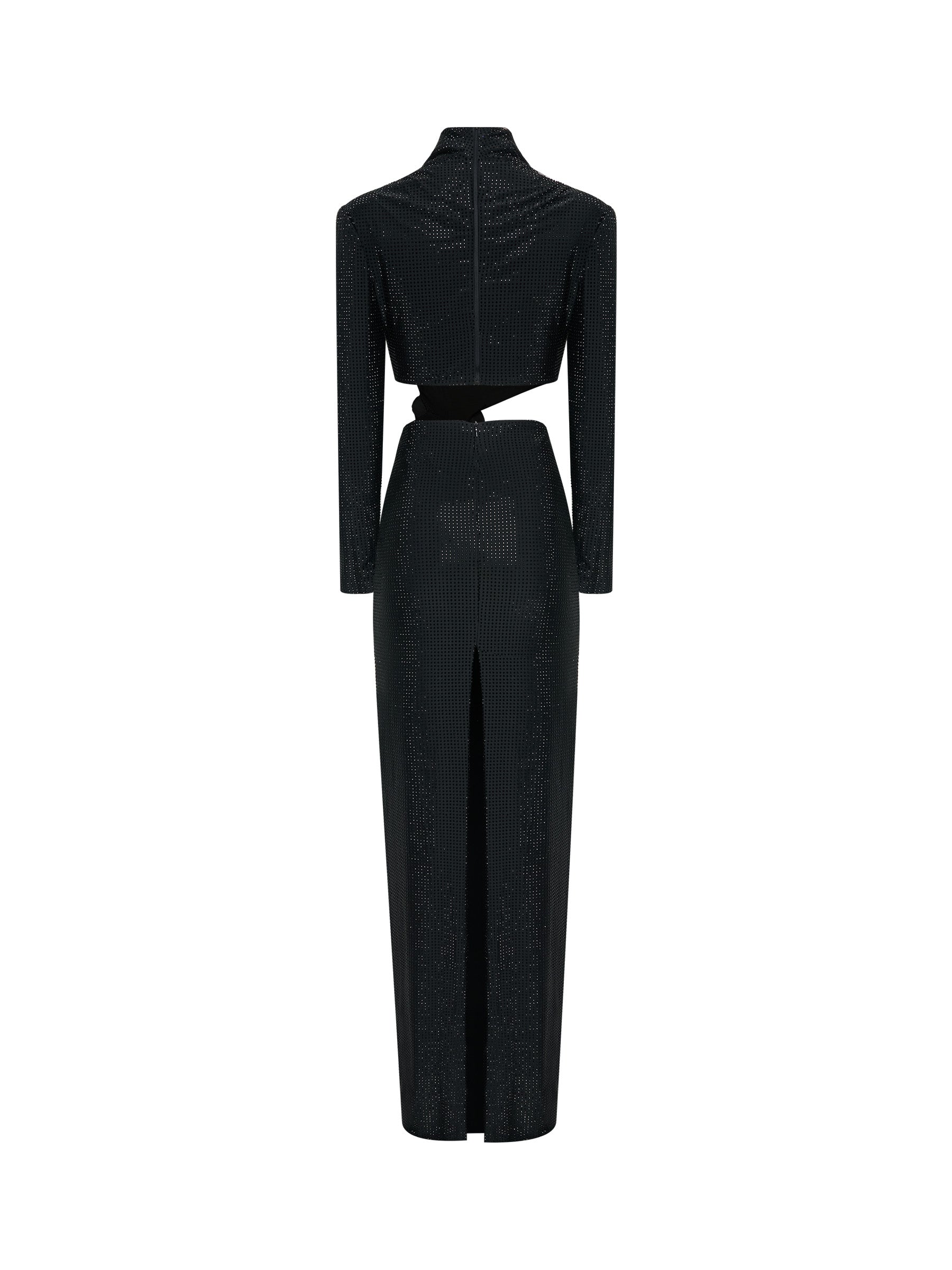 Black long-sleeve gown with floral waist detail