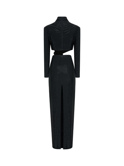Black long-sleeve gown with floral waist detail