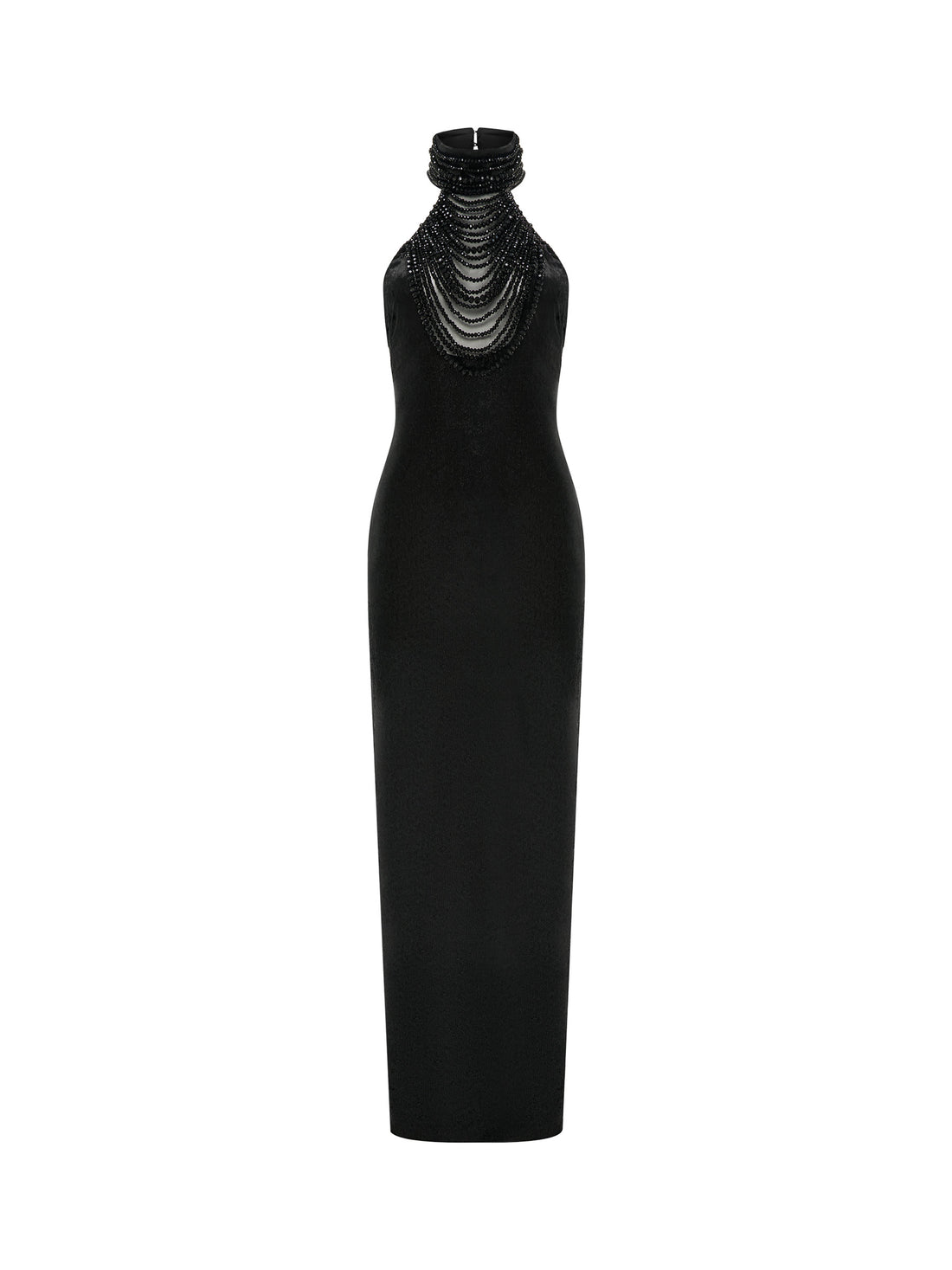 Black gown with cascading crystal neckline