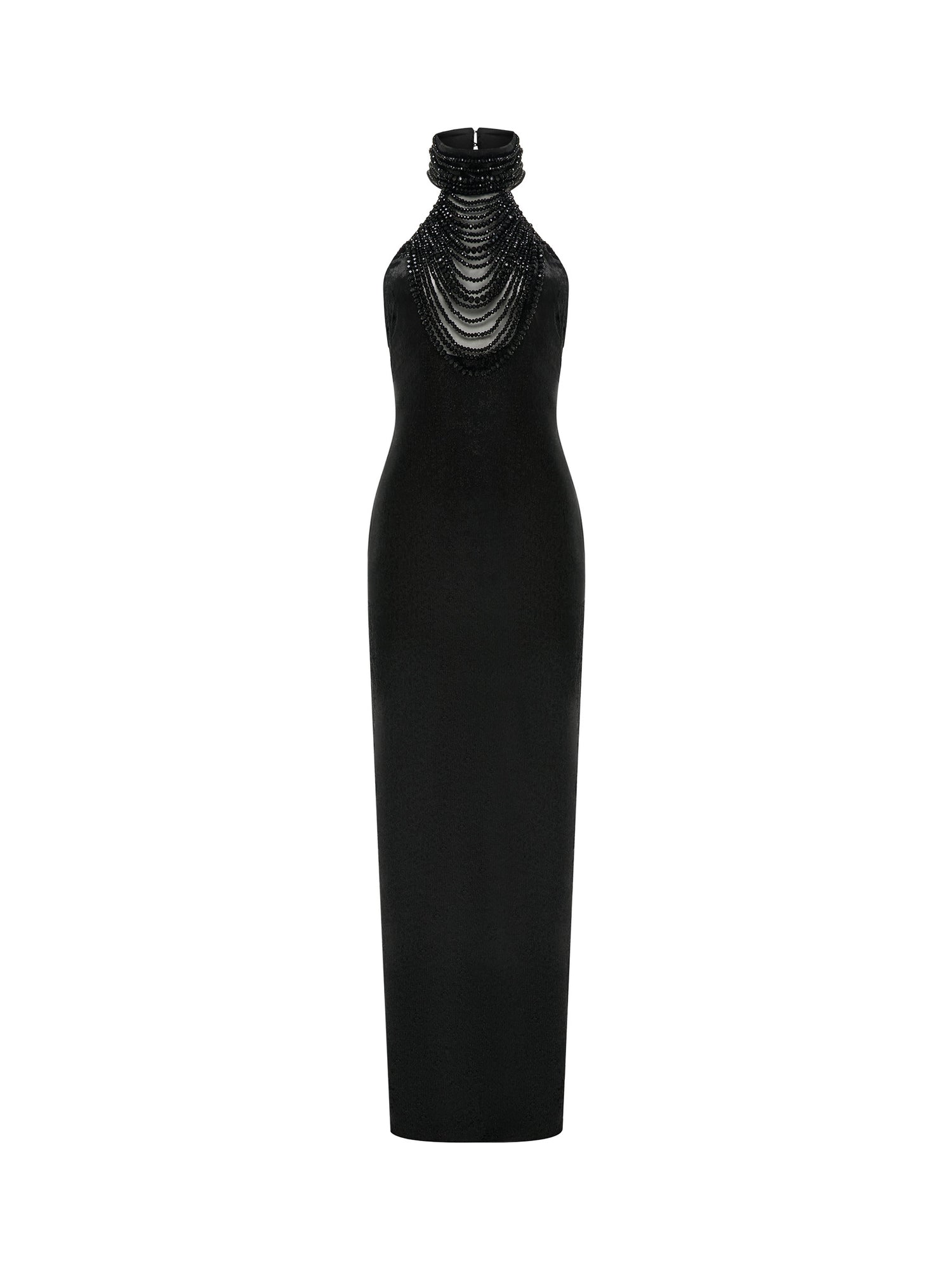 Black gown with cascading crystal neckline