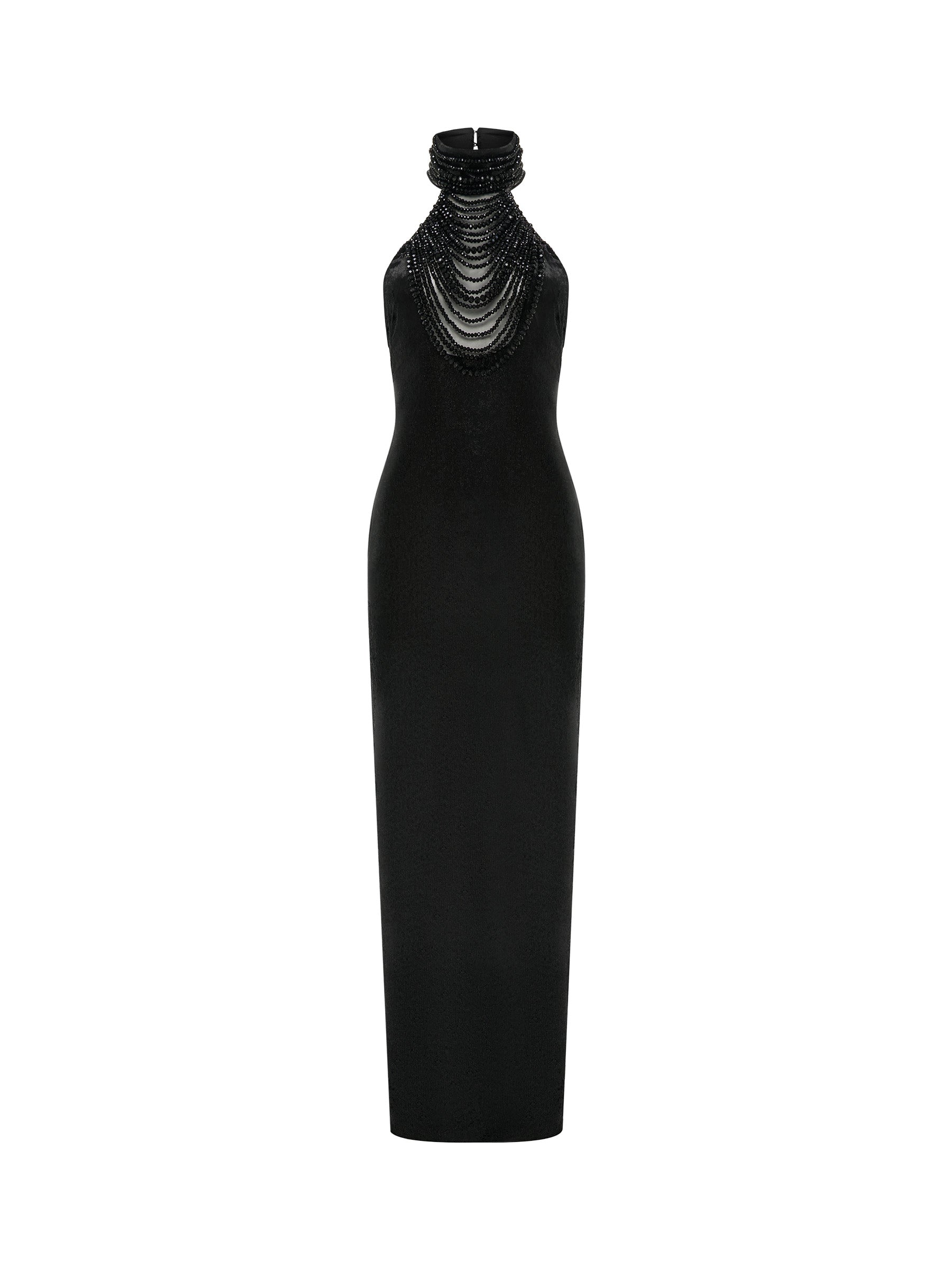 Black gown with cascading crystal neckline