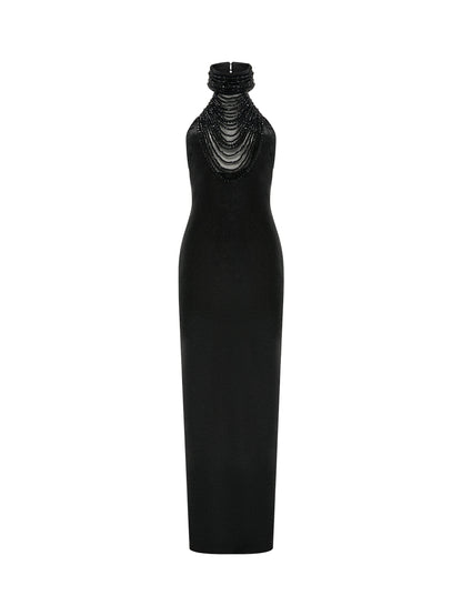 Black gown with cascading crystal neckline