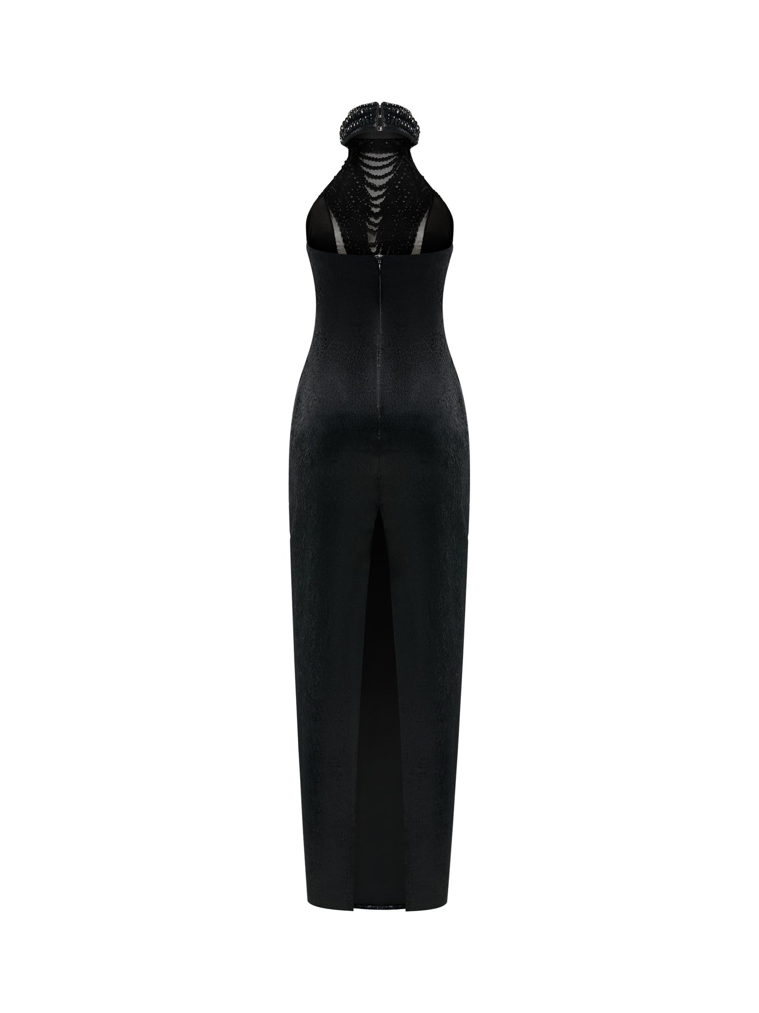 Black gown with cascading crystal neckline