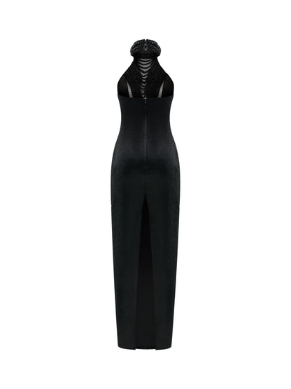 Black gown with cascading crystal neckline