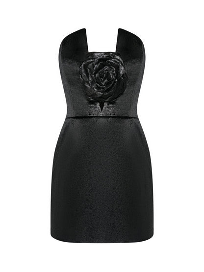 Black Mini Dress with Rose Appliqué
