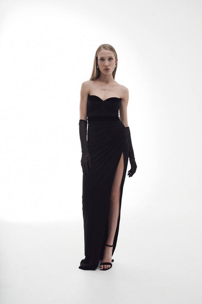 Evening dress in viscose with velvet trim