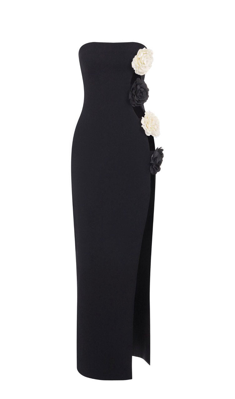 Evening crepe dress with decorative flowers