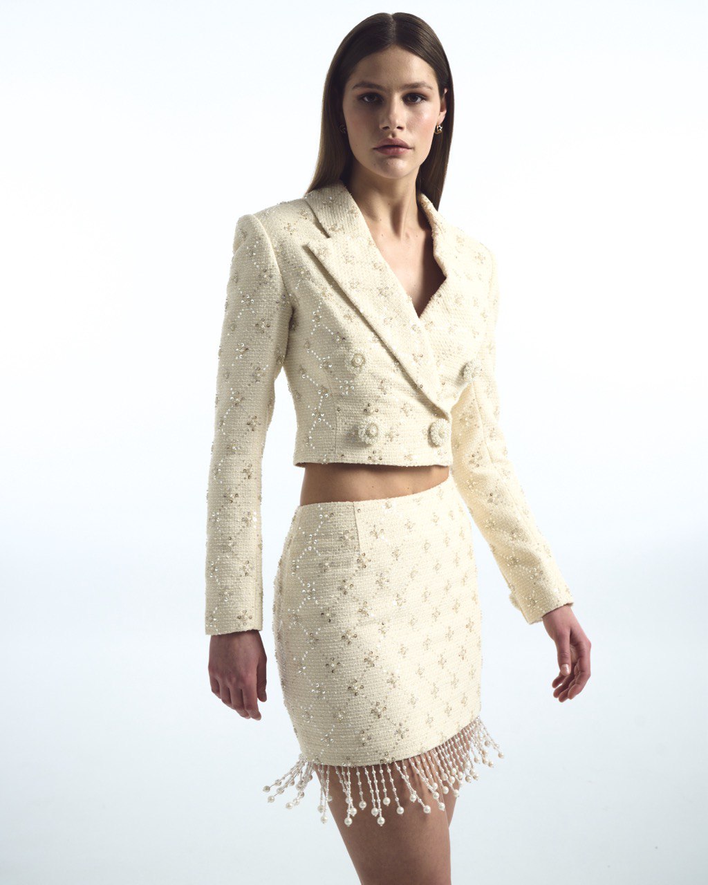 Long tweed suit with sequin trim