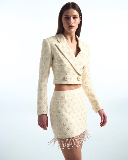Long tweed suit with sequin trim
