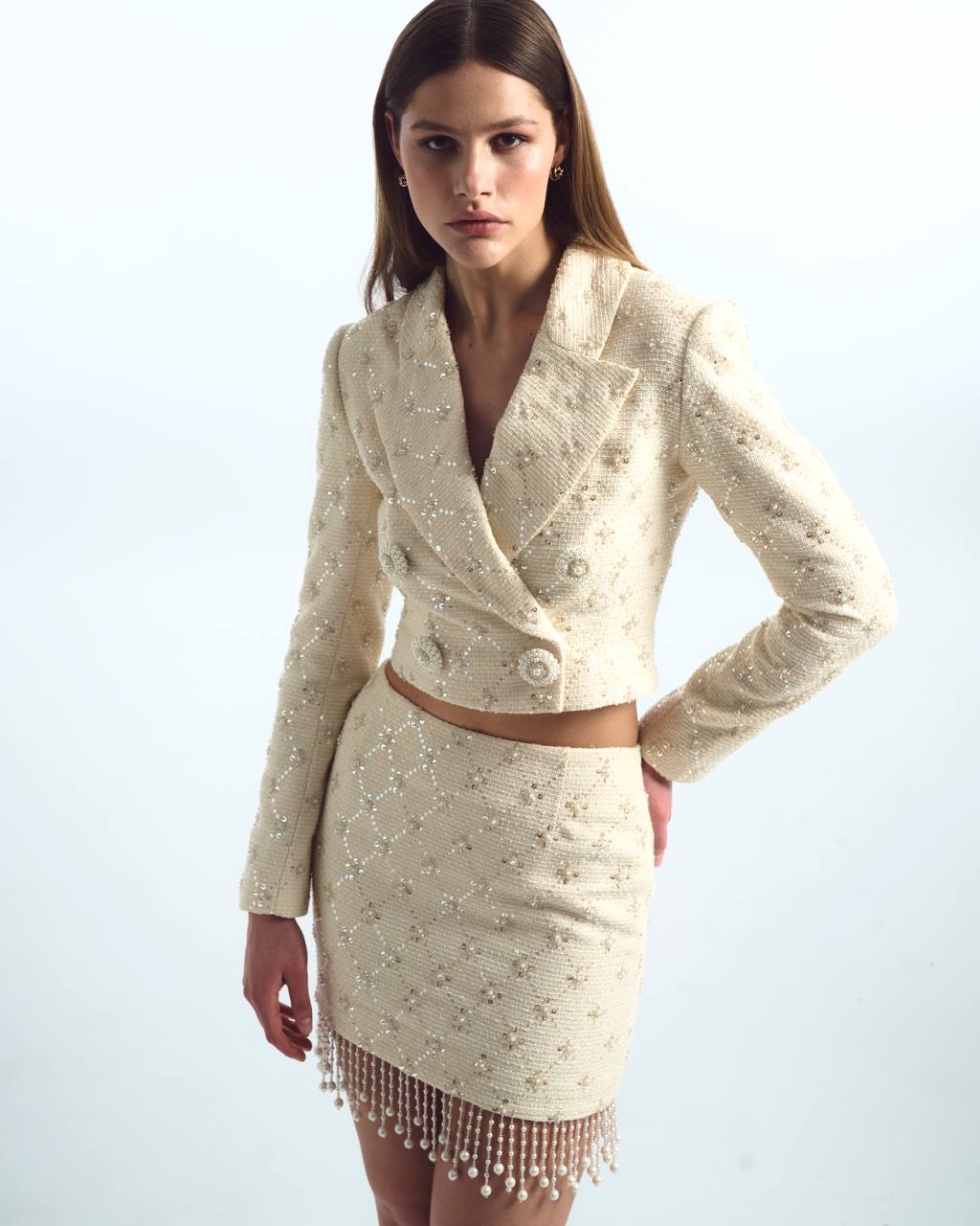 Long tweed suit with sequin trim