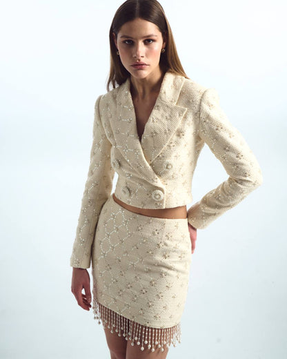 Long tweed suit with sequin trim
