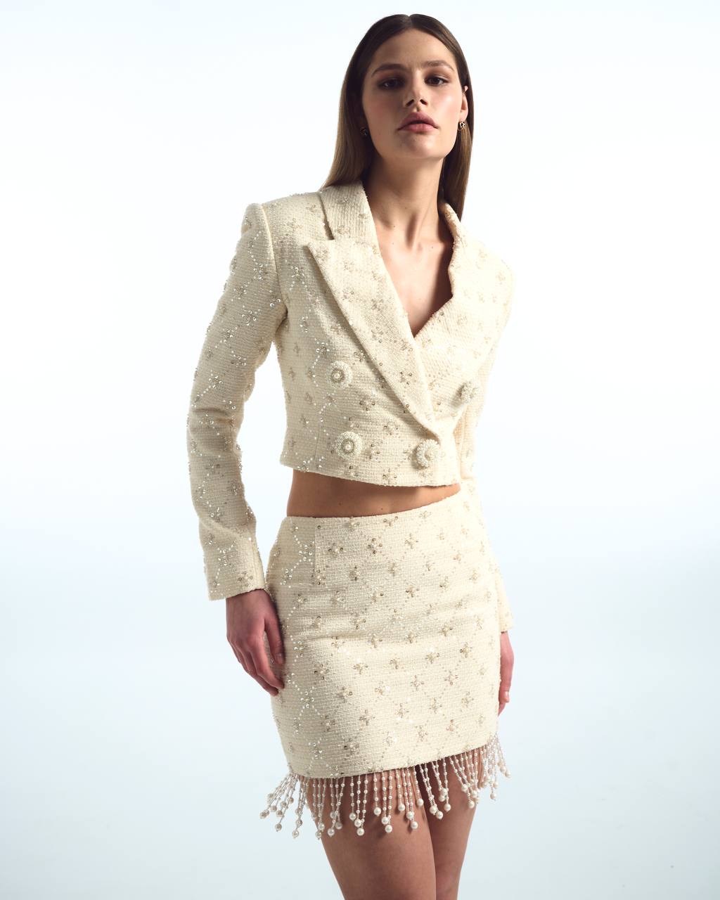 Long tweed suit with sequin trim