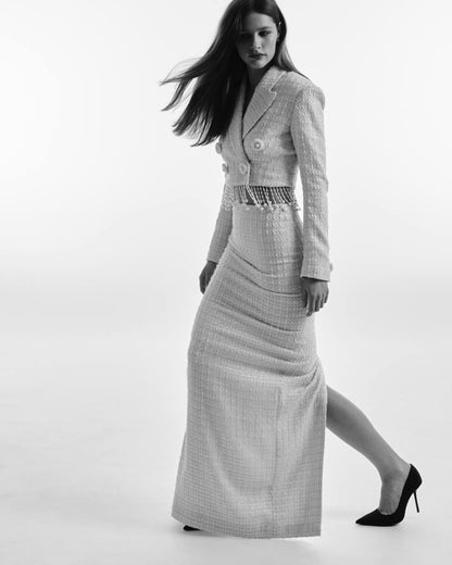 Long tweed suit with sequin trim