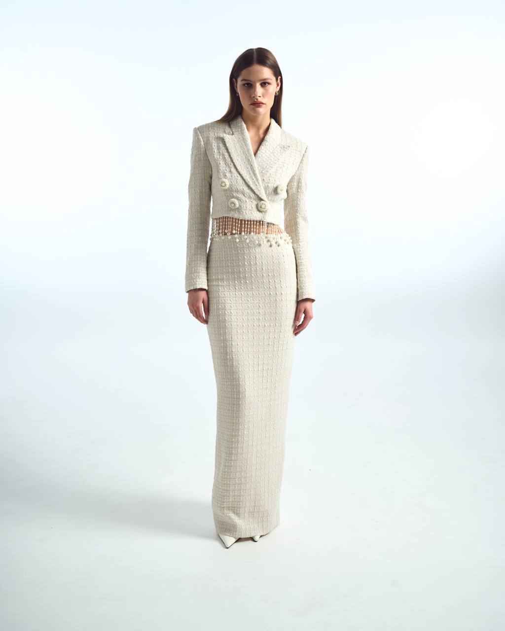 Long tweed suit with sequin trim