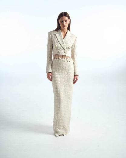 Long tweed suit with sequin trim
