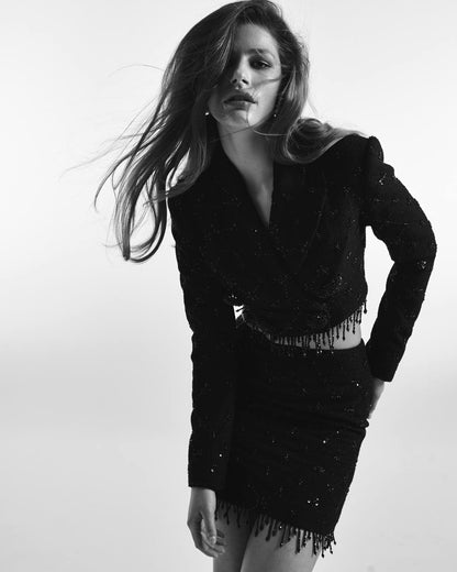 Short tweed suit with sequin trim