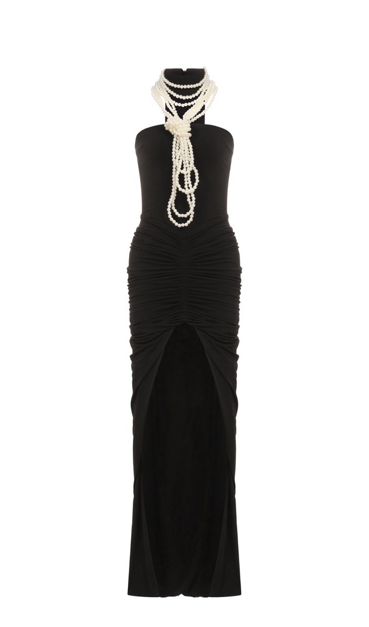Evening dress with draping in viscose and pearl knot