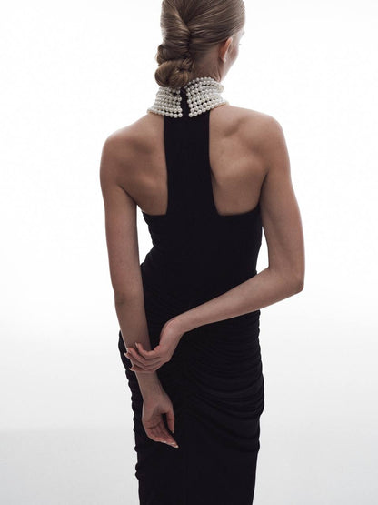 Evening dress with draping in viscose and pearl knot