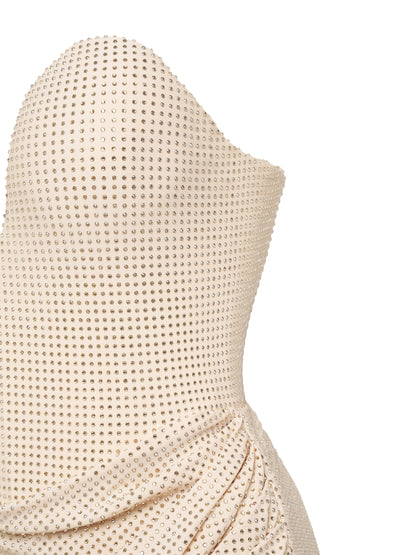 Nude draped mini dress with deep neckline