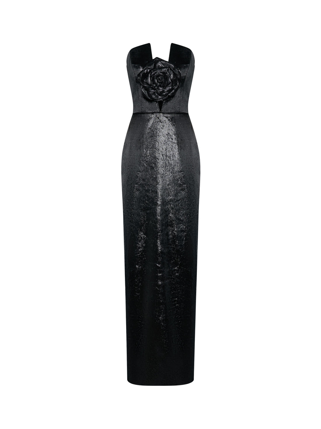 Black Strapless Gown with Rose Appliqué