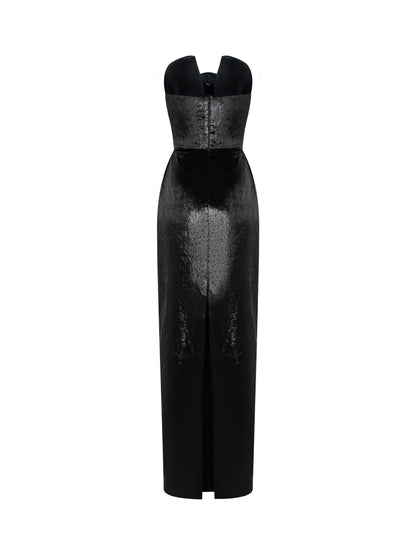 Black Strapless Gown with Rose Appliqué