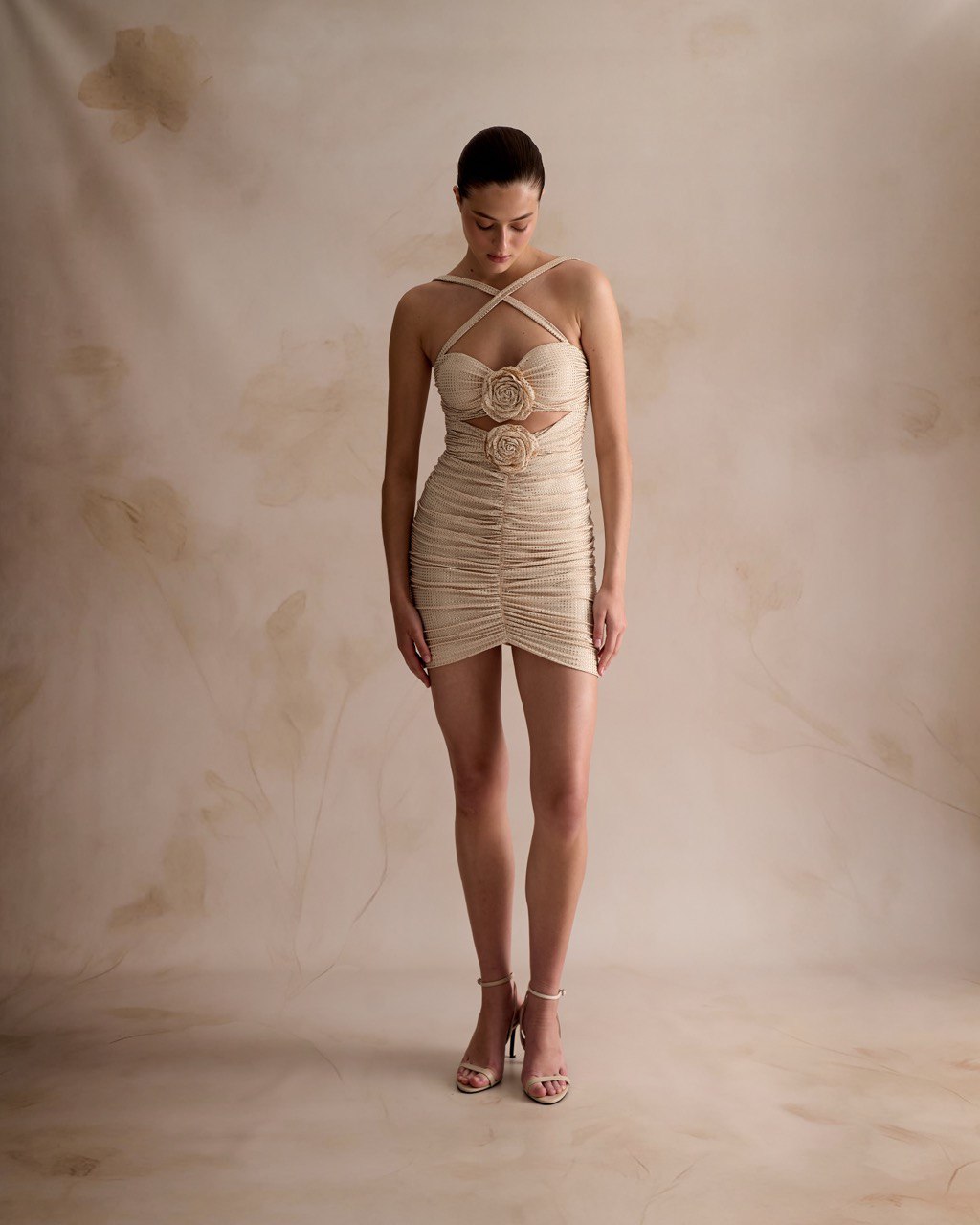 Nude mini dress with floral appliquеs