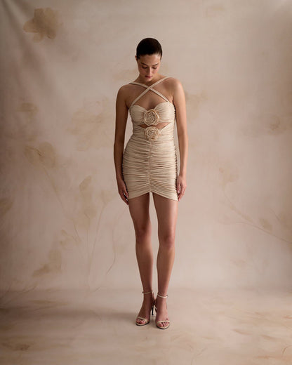 Nude mini dress with floral appliquеs