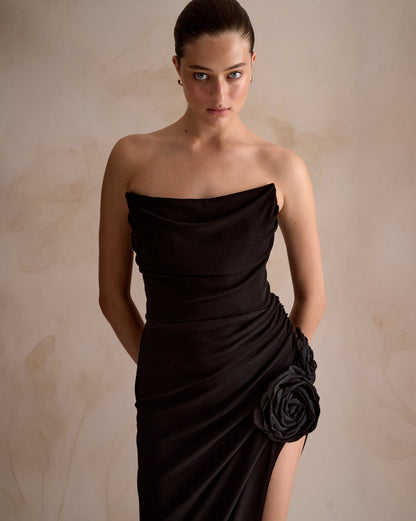 Black Strapless Gown with Rose Detail
