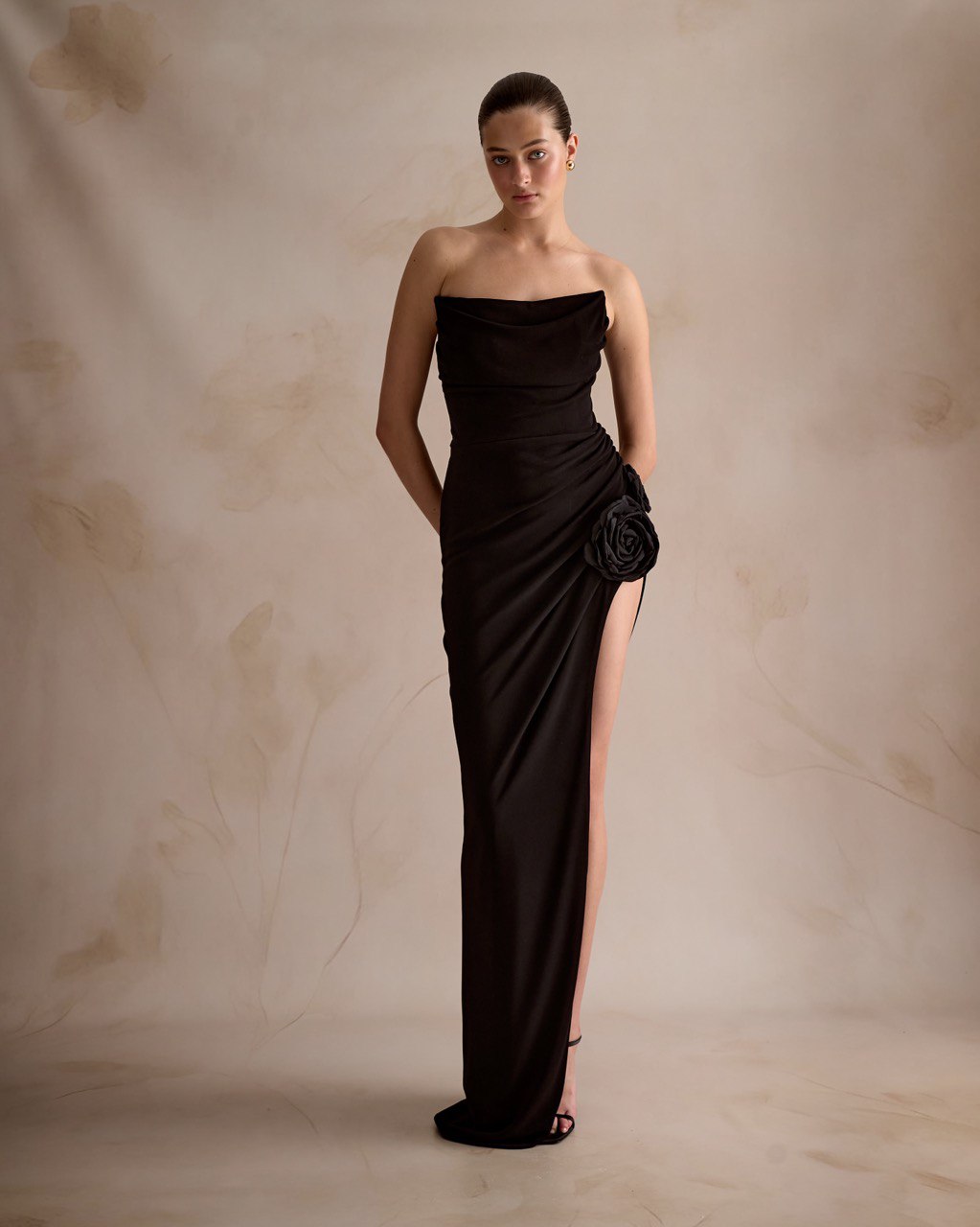 Black Strapless Gown with Rose Detail