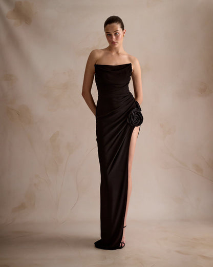 Black Strapless Gown with Rose Detail