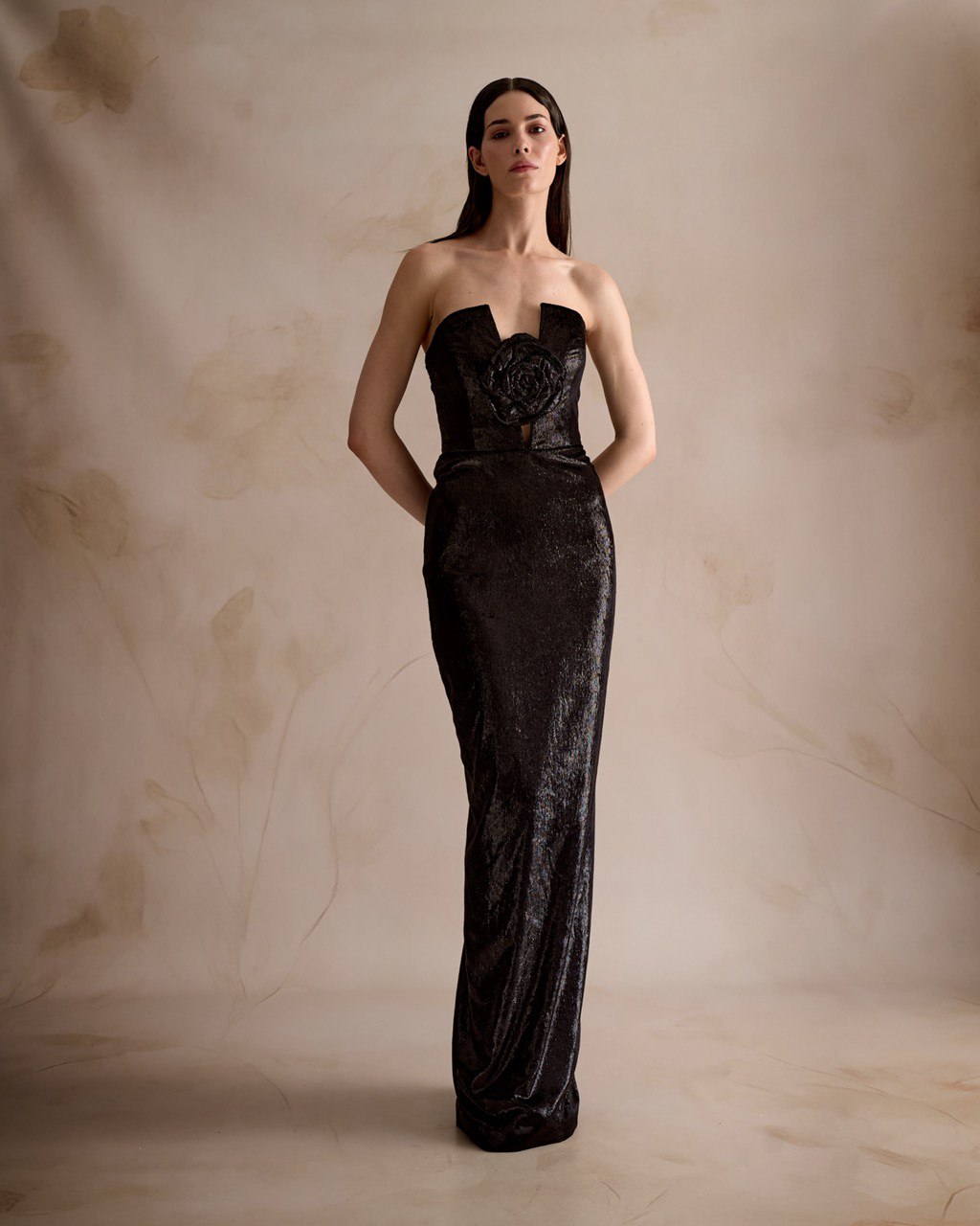 Black Strapless Gown with Rose Appliqué