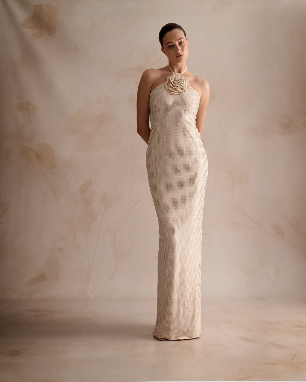 Black Halter Gown with Rose Appliqué