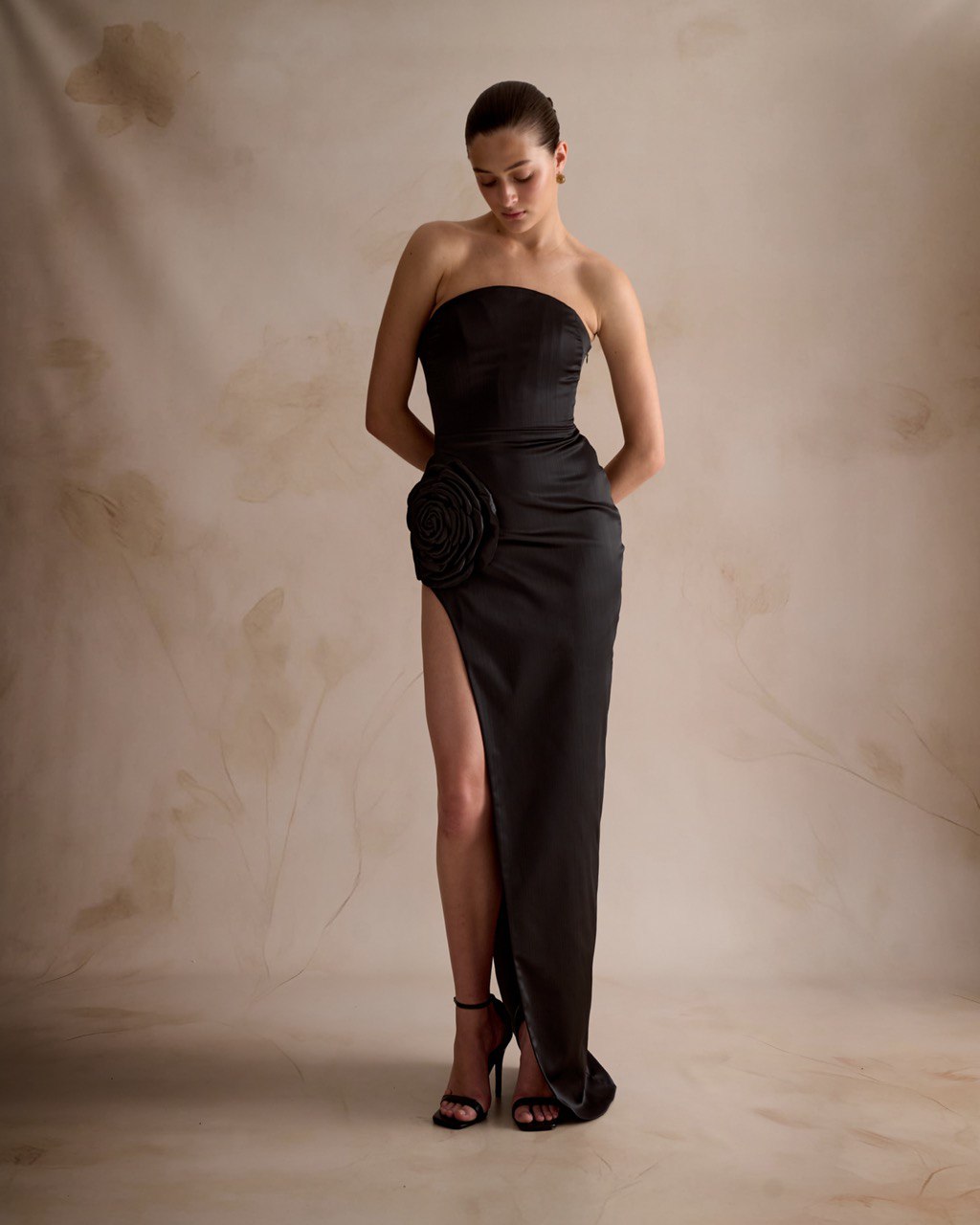 Black Strapless Gown with Rose Detail