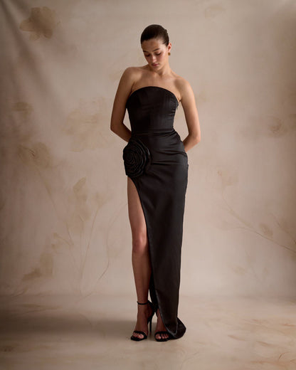 Black Strapless Gown with Rose Detail